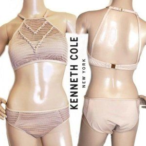 Kenneth Cole NWT nude cream bikini hight waist high neckline crocket knit small
